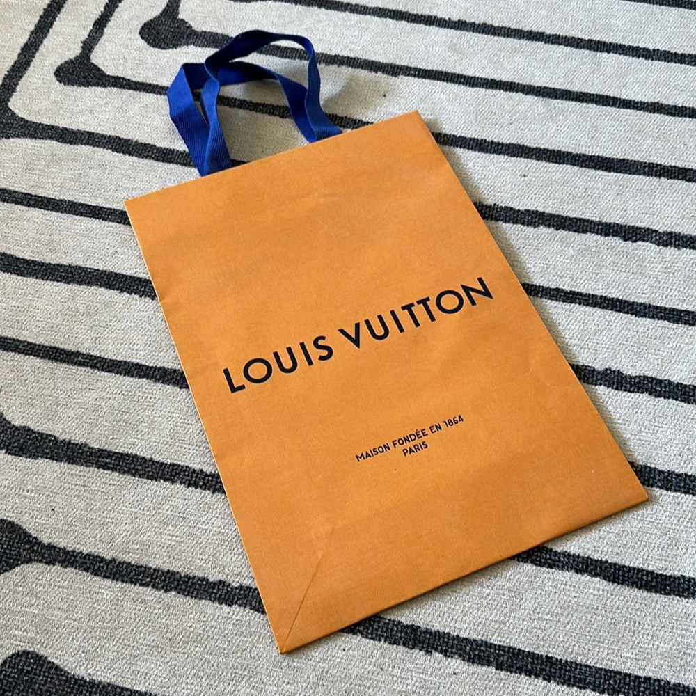 Louis Vuitton gold shopping bag with blue handles - tall